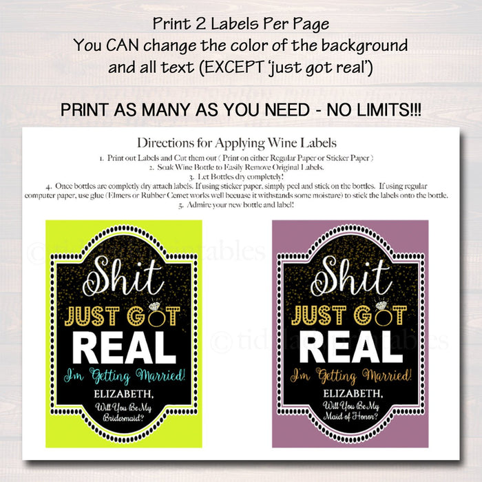 Shit Just Got Real Printable Wine Bottle label, Bridesmaid Ask, Will You Be My Bridesmaid, Maid of Honor, I'm Getting Married Label