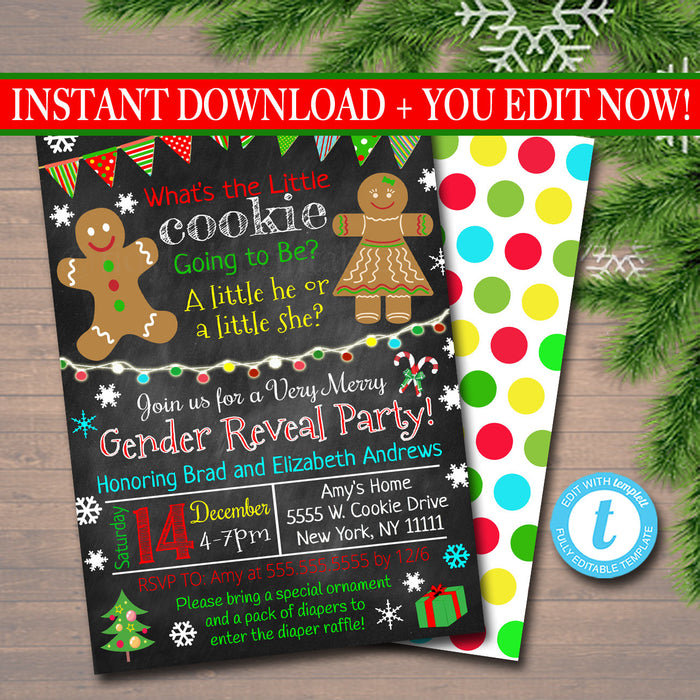 Gender Reveal Party Invitation, Christmas Invite, Cookie Baby Shower, What the Elf is it Going to Be, Santa Baby,