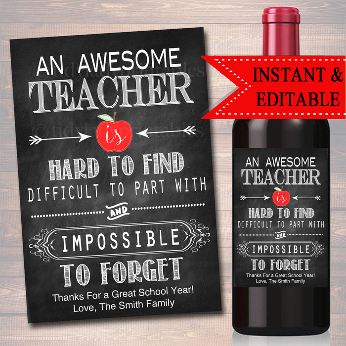 EDITABLE Teacher Gift, End of School Year Wine Label INSTANT DOWNLOAD, Printable Teacher Appreciation, Teacher Wine Label, Christmas Gift