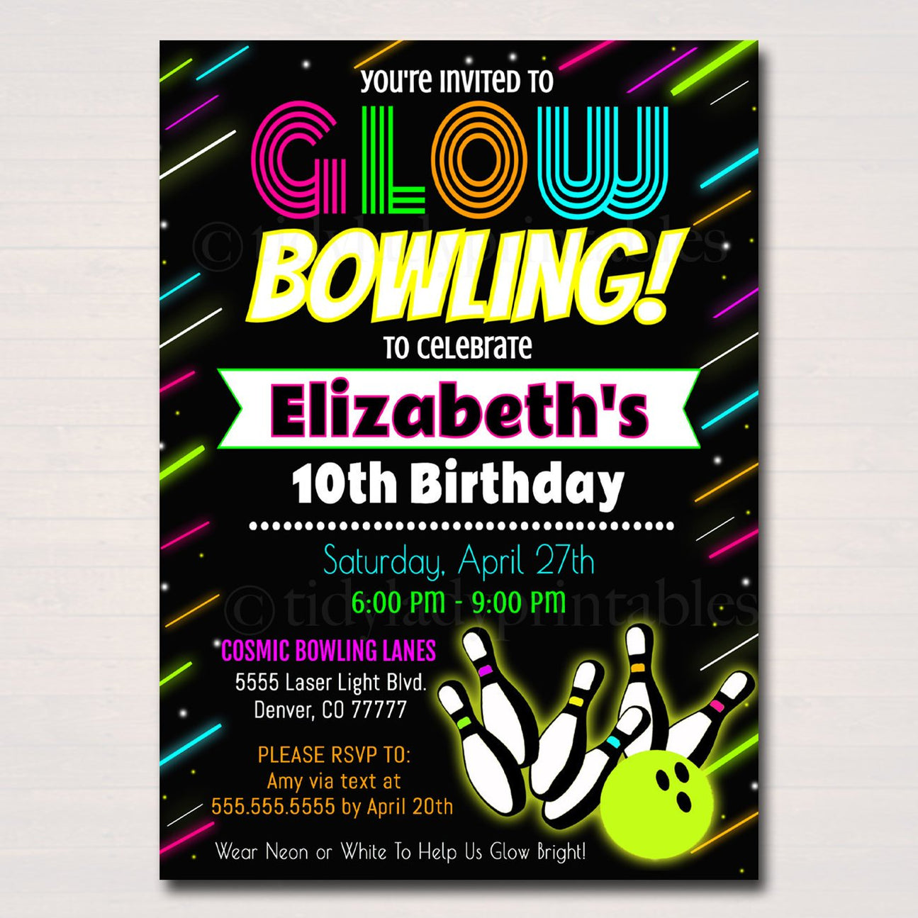 Glow Bowling Birthday Invitation, Cosmic Bowl Neon Invite Birthday Inv ...