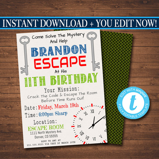 EDITABLE Escape Room Birthday Invitation, Boy Mystery Clue Spy Birthday Digital Detective Invite, Escape Chamber Party, INSTANT DOWNLOAD