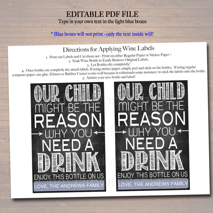 EDITABLE Our Child Might Be the Reason You Drink, Printable Wine Label, Christmas, Teacher Appreciation Gifts, Grandparent, Babysitter Gift