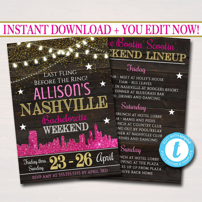 Nashville Tennessee Bachelorette Party Invitation, Nash Bash Party Invite, City Skyline Country Weekend Itinerary