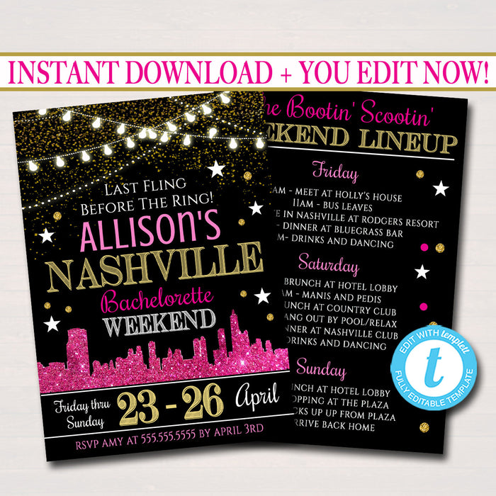 Nashville Tennessee Bachelorette Party Invitation, Nash Bash Party Invite, City Skyline Country Weekend Itinerary