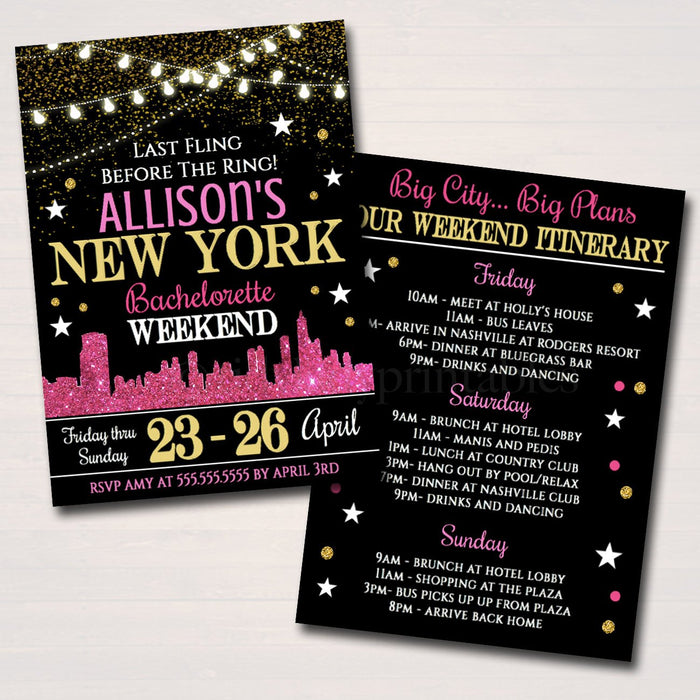 New York City Bachelorette Party Invitation, Glitter Pink Gold Party Invite, City Skyline, Girls Weekend Itinerary