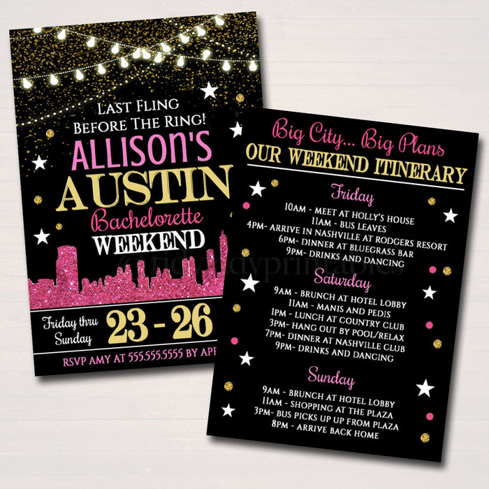 ANY CITY  Bachelorette Party Invitation, Austin, Dallas, Glitter Pink Gold, City Skyline Girls Weekend Itinerary,