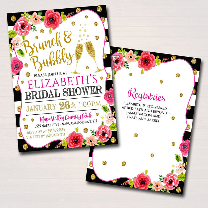 Bridal Shower Invitation, Brunch and Bubbly Ladies Invite, Girl's Brunch, Watercolor Floral, Gold Glitter Stripes,