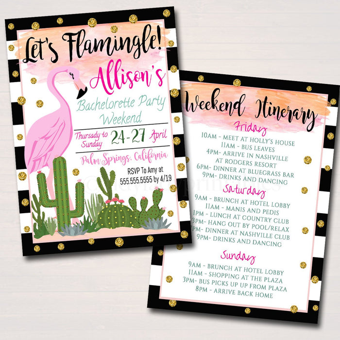 Flamingle Bachelorette Party Invitation With Itinerary, Girls Weekend Party Invite, Flamingo Cactus Palm Springs,