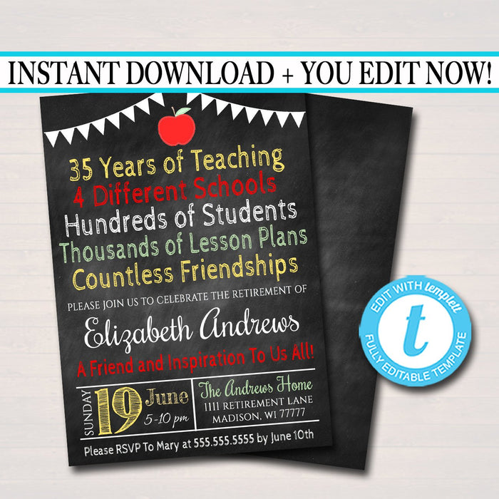 Teacher Retirement Invitation Chalkboard Printable  Teacher Invite Retirement Party, Personalized Teacher Career Stats