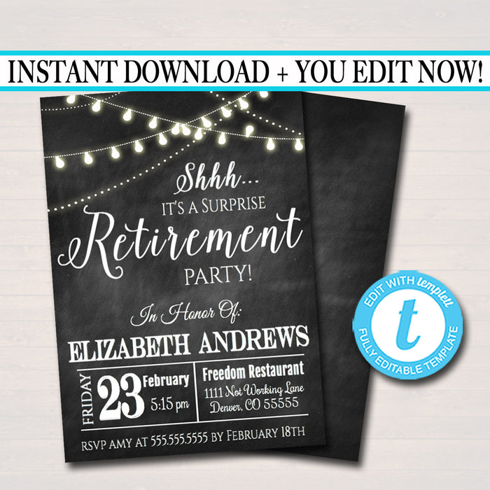 Surprise Retirement Invitation Chalkboard Printable  Teacher, Nurse, Invite Retirement Party String Lights,