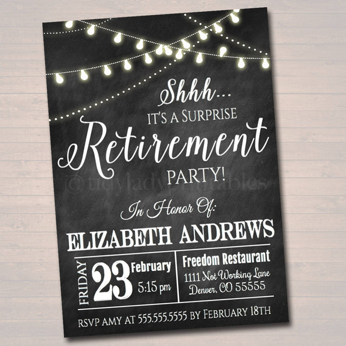 Surprise Retirement Invitation Chalkboard Printable  Teacher, Nurse, Invite Retirement Party String Lights,