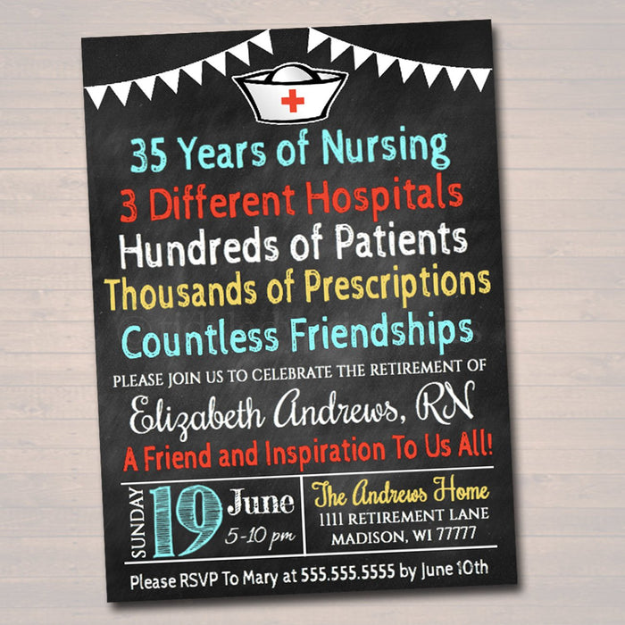 Nurse Retirement Invitation Chalkboard Printable  Teacher Invite Retirement Party, RN Doctor Personalized Nurse Career Stats