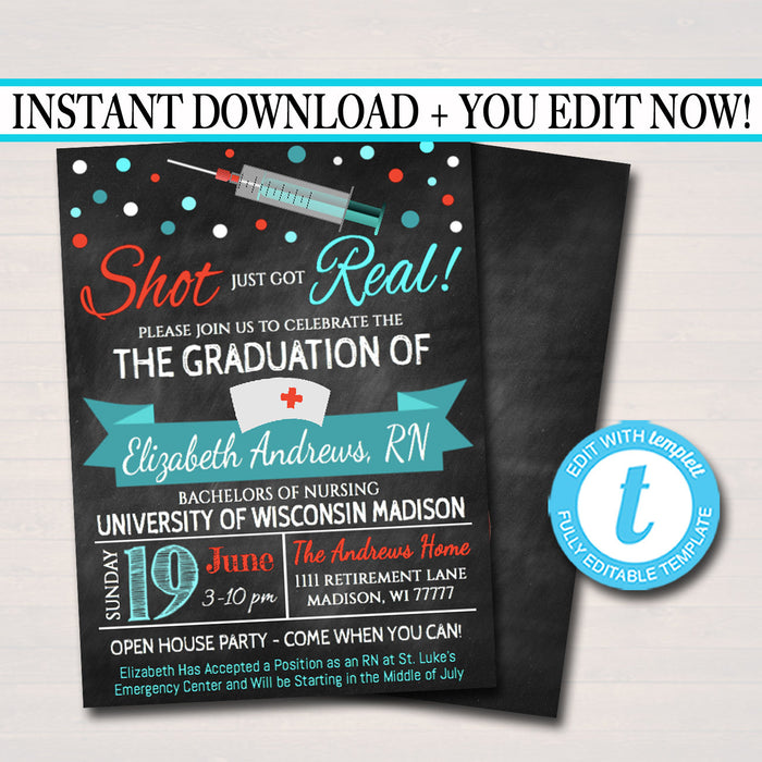 Nurse Graduation Invitation Chalkboard Printable  College Grad Invite Graduation Party, RN Announcement,