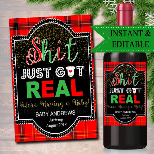 EDITABLE Pregnancy Announcement Wine Label, Christmas Printable Wine Label Holiday Bundle of Joy, Shit Just Got Real! Santa INSTANT DOWNLOAD