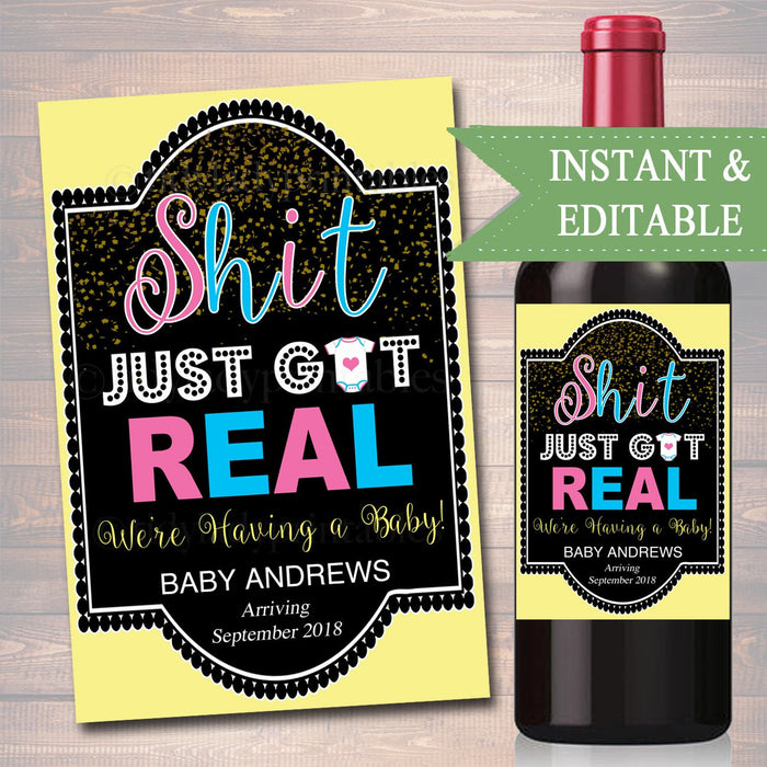 EDITABLE Pregnancy Announcement Wine Label, Pregnancy Printable Wine Label Gender Reveal, Team Pink Blue Shit Just Got Real INSTANT DOWNLOAD
