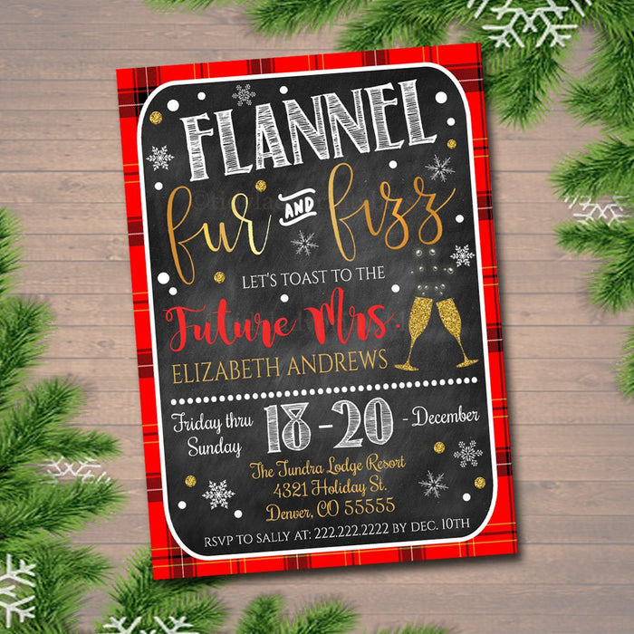 Flannel Fur & Fizz Xmas Bachelorette Party Invitation, Christmas Party Invite, Girls Winter Weekend Invitation,