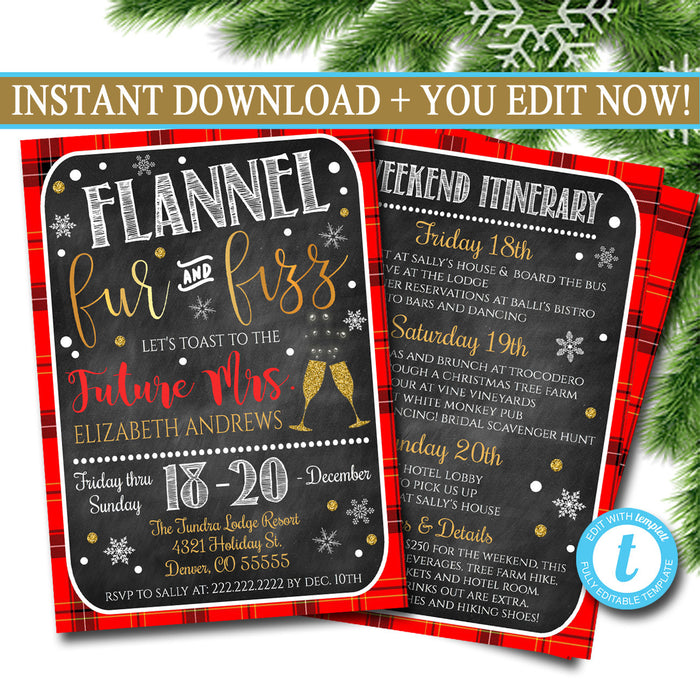Flannel Fur & Fizz Xmas Bachelorette Party Invitation, Christmas Party Invite, Girls Winter Weekend Invitation,