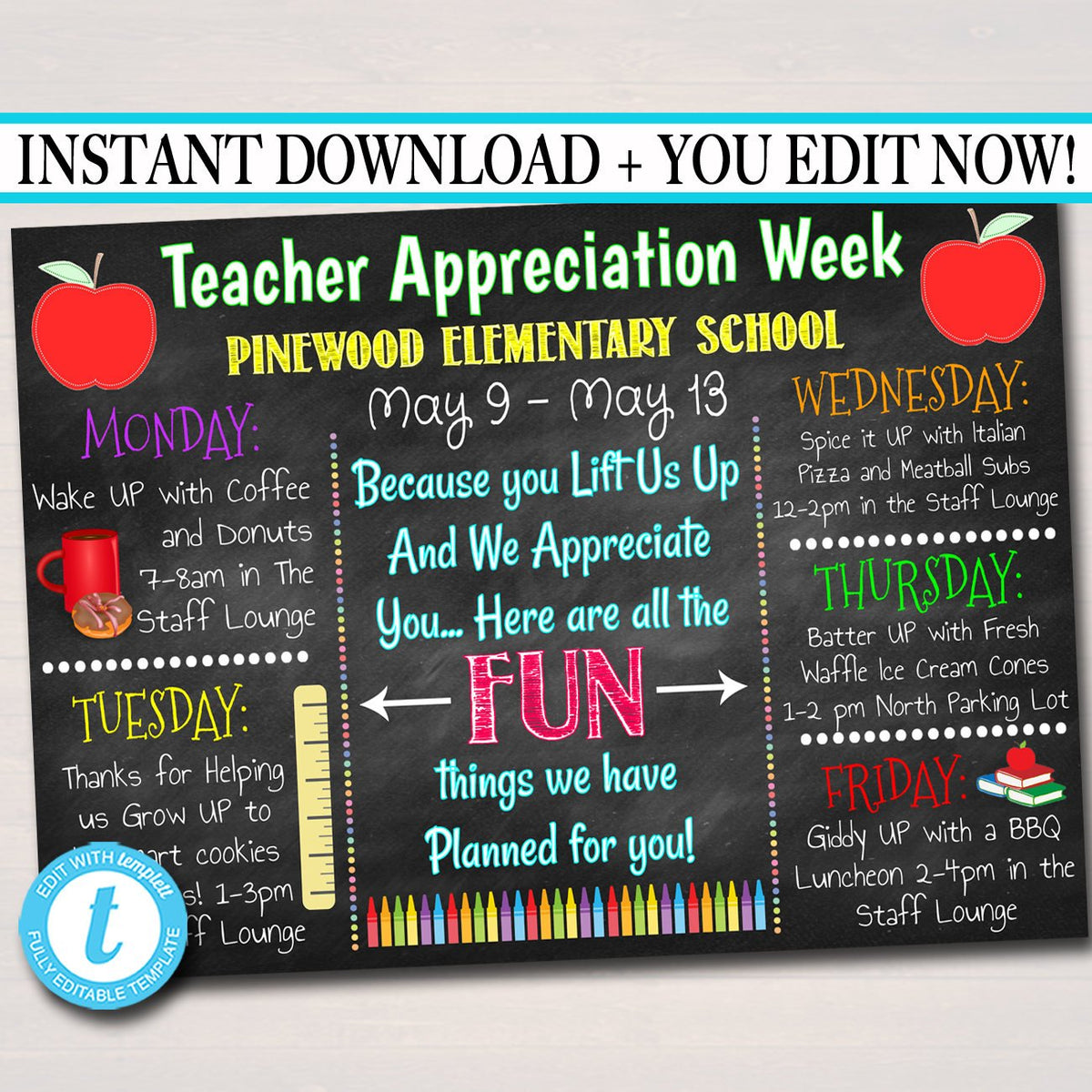 Lift Us Up Theme Teacher Appreciation Week Events Printable — TidyLady ...