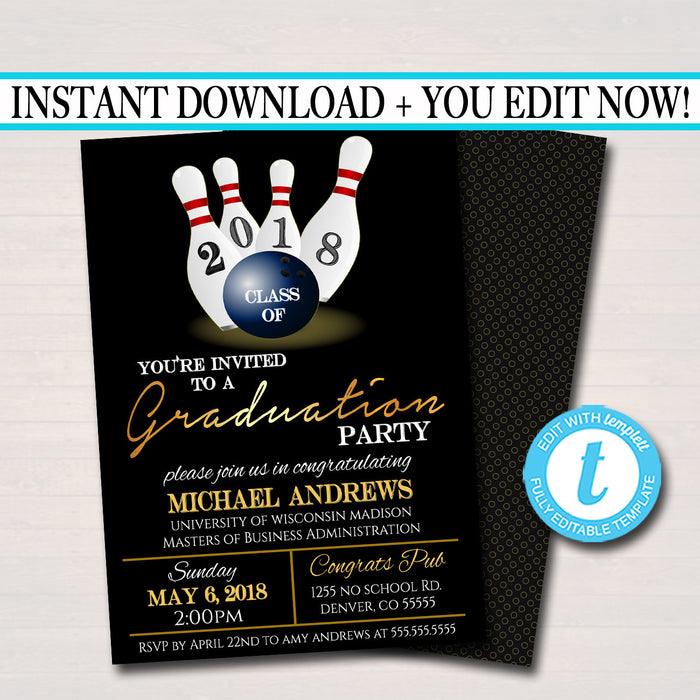 Bowling Graduation Invitation, Chalkboard Printable, College Graduate, Grad Party Invite, High School Senior Party
