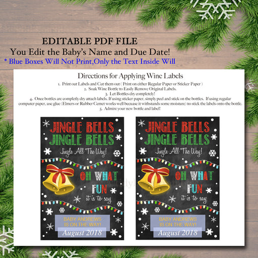 EDITABLE Wine Label Christmas Pregnancy Announcement, Printable Chalkboard Wine Label Holiday Pregancy Reveal, Xmas Present Jingle Bells