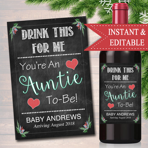 Drink This For Me You're An Auntie To Be, Digital Wine Label Pregnancy Announcement, New Aunt Gift, Sister Promoted Xmas Pregnancy Reveal