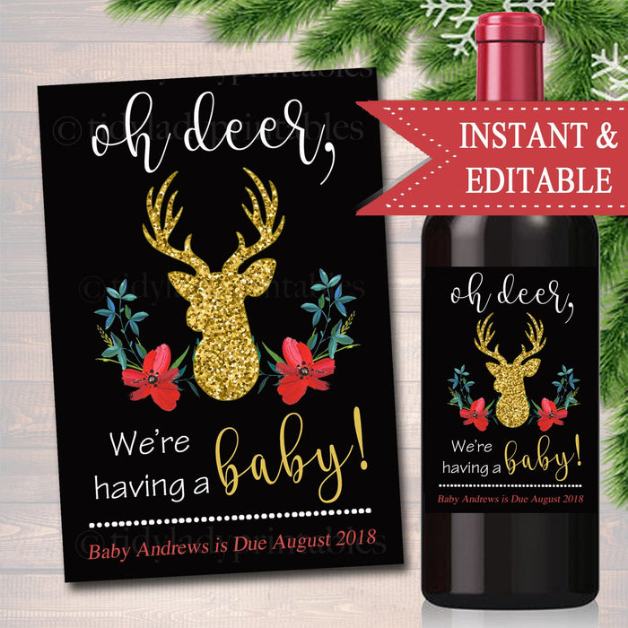 EDITABLE Wine Label Christmas Pregnancy Announcement, Printable Holiday Wine Label Pregancy Reveal, Xmas Oh Deer Having a Baby Grandparents