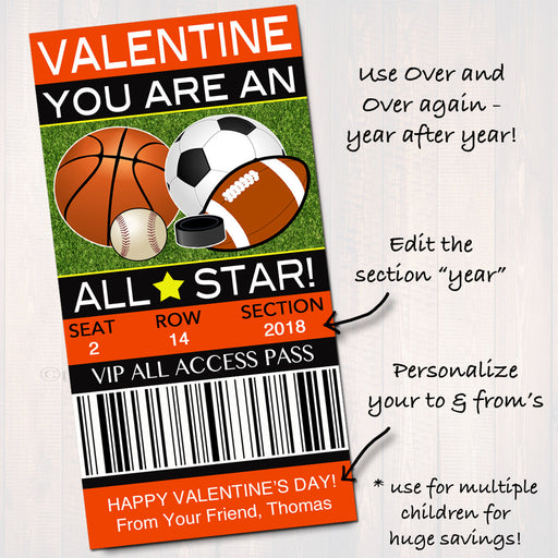 EDITABLE Sports Ticket Valentine's Day Cards, INSTANT DOWNLOAD, Printable Kids Valentine, Boy School Classroom Valentine, You're an All Star