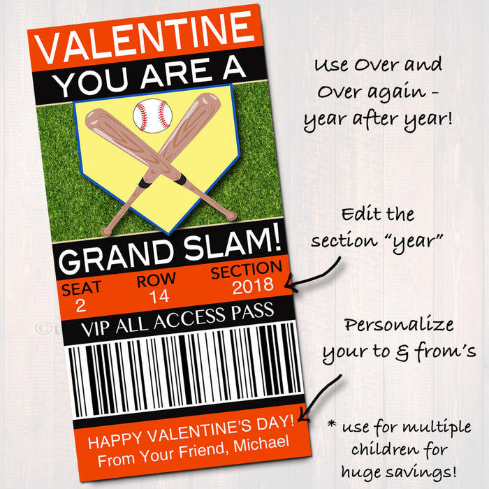 EDITABLE Baseball Ticket Valentine's Day Cards, INSTANT DOWNLOAD, Printable Sports Valentine, Boy Classroom Valentine, You're a Grand Slam