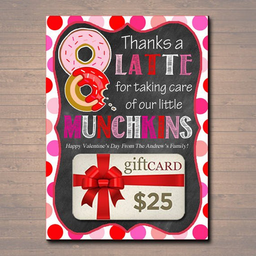 EDITABLE Valentine's Day Thanks a Latte Coffee Donut Gift Card Holder Printable Valentine's Teacher Gift, Babysitter Gift, INSTANT DOWNLOAD