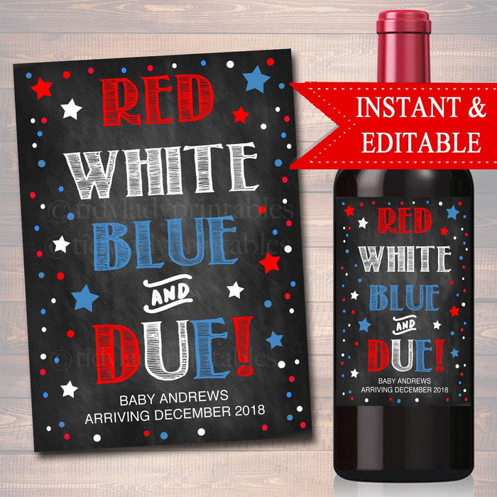 Red White Blue and Due 4th of July Digital Wine PRINTABLE Label Pregnancy Announcement Fourth of July Pregnancy Reveal Aunt Grandparent Gift