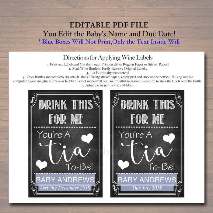 Drink This For Me You're A Tia To Be, Digital Wine Label Pregnancy Announcement, New Aunt Gift, Sister Promoted to Auntie Pregnancy Reveal