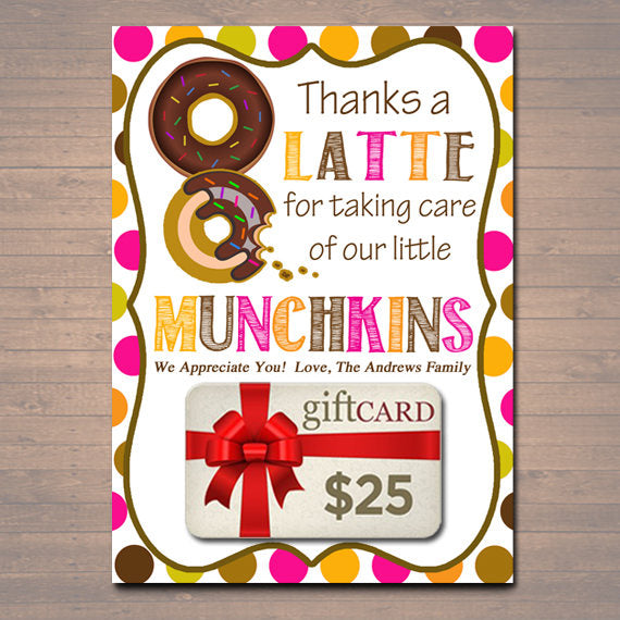 EDITABLE Thanks a Latte Coffee Donut Gift Card Holder, Printable Teacher Appreciation, Daycare Teacher Gift Babysitter Gift INSTANT DOWNLOAD