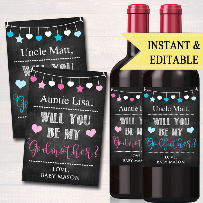 EDITABLE Godparents Ask Wine Labels, Christmas Printable Wine Label Gift, Godmother Proposal Will You Be My Godfather diy, INSTANT DOWNLOAD