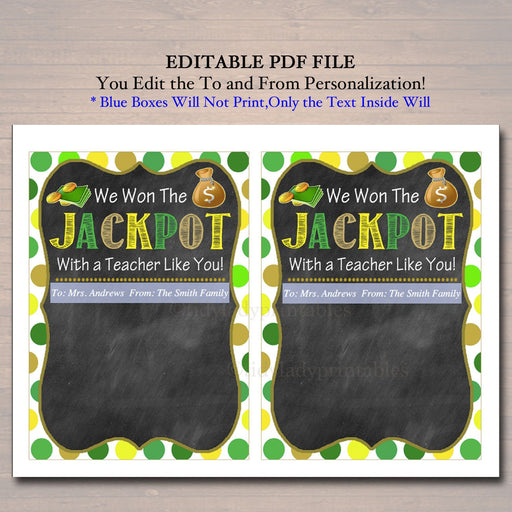 EDITABLE Thank You a Lottery Gift Card Holder, Printable Teacher Appreciation, INSTANT DOWNLOAD Xmas Gift, Won The Jackpot Teacher Like You!