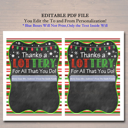 EDITABLE Christmas Thank You a Lottery Gift Card Holder, Printable Teacher Gift, Xmas Coach Gift INSTANT DOWNLOAD Nanny Babysitter Gift Card