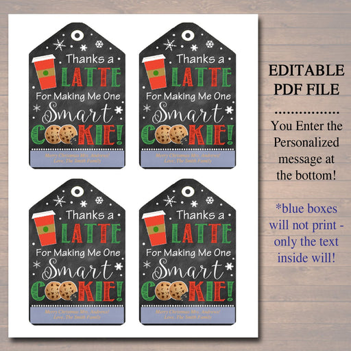 EDITABLE Gift Tags, Thanks a Latte Gift Tags, Christmas Thanks a Latte Gift Card Holder, Printable Holiday Teacher Gifts, INSTANT DOWNLOAD