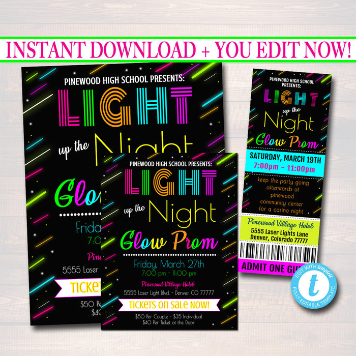 Prom Ticket/Invite Flyer Set School Dance  Invite, Neon Glow in The Dark, High School Dance Event, pto, pta