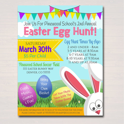 EDITABLE Easter Egg Hunt Flyer, Printable Invite Easter Party Invitation, pto pta Church Community Kids Easter Bunny Event, INSTANT DOWNLOAD