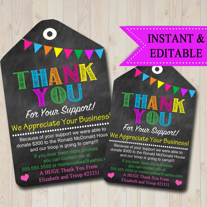 EDITABLE Thank You Tags, Scout Cookie Thank You Note, Booth Sales INSTANT DOWNLOAD Printable Chalkboard Tags, Fundraiser Thank You Cards