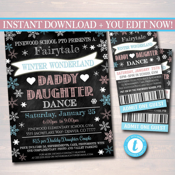 Daddy Daughter Dance Set School Dance Flyer Party Invite, Winter Wonderland Event Church Community Event, pto pta,