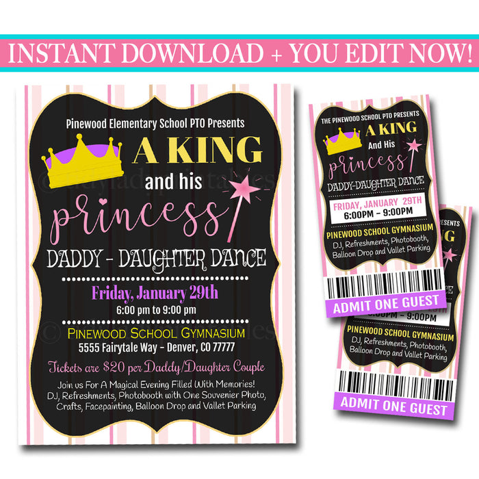 Daddy Daughter Dance Set School Dance Flyer Invitation King & His Princess Event Church Community Event, pto, pta,