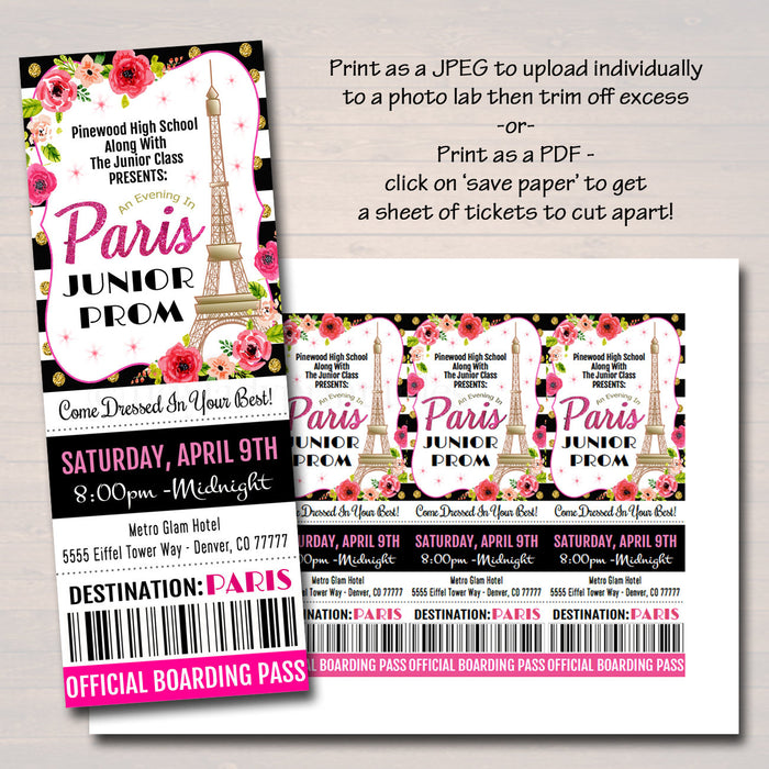 Prom Ticket/Flyer Set School Dance Flyer  Invite, An Evening in Paris, High School Dance Event, pto, pta