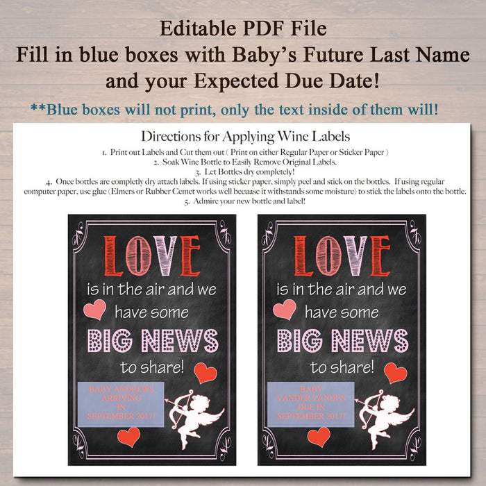 EDITABLE Valentines Day Wine Label Love is in The Air & We Have Big News to Share Printable Valentine Pregnancy Announcement New Baby Reveal