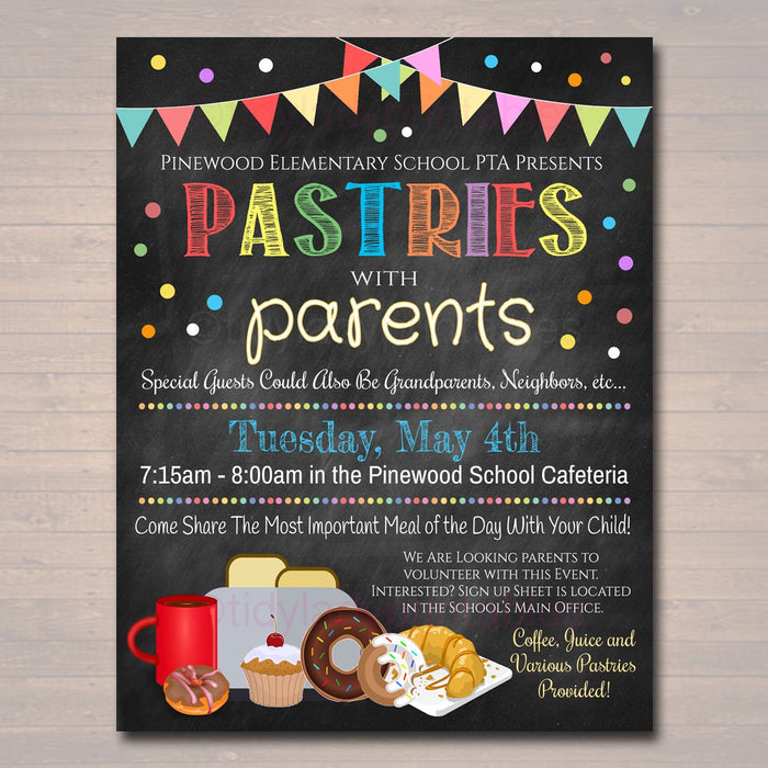 Pastries With Parents Event Invite - School Breakfast Parent Appreciation Fundraiser Open House - DIY Editable Template