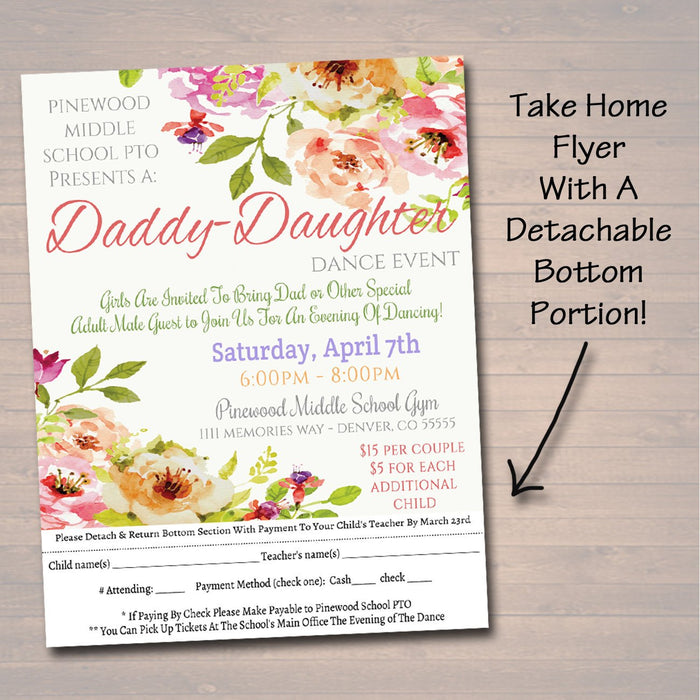 Daddy Daughter Dance Set School Dance Flyer Party Invitation, Floral Flowers, Church Community Event, pto, pta,