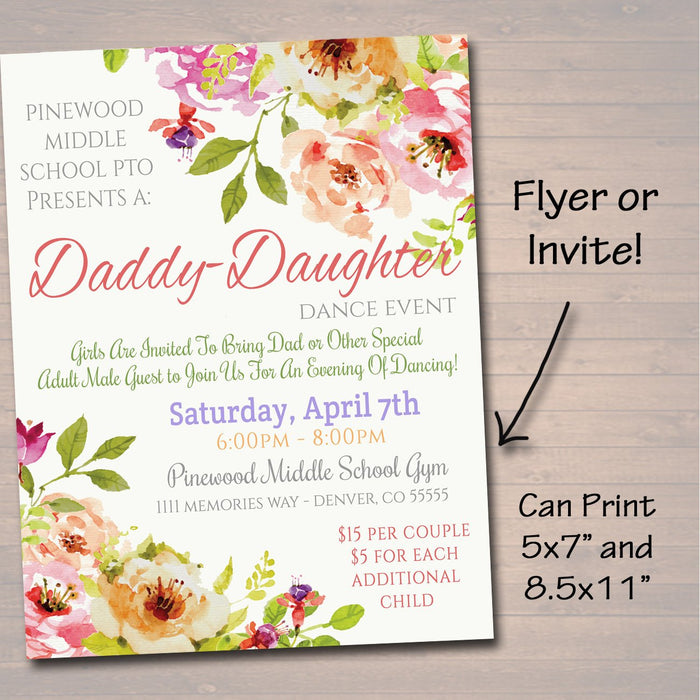 Daddy Daughter Dance Set School Dance Flyer Party Invitation, Floral Flowers, Church Community Event, pto, pta,