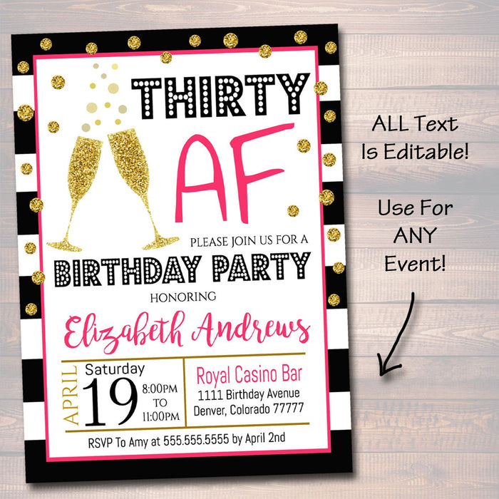 Any Age Birthday Invite, 40th Birthday, 30th Bday, Girl's Brunch, Watercolor Floral, Gold Glitter Stripes,