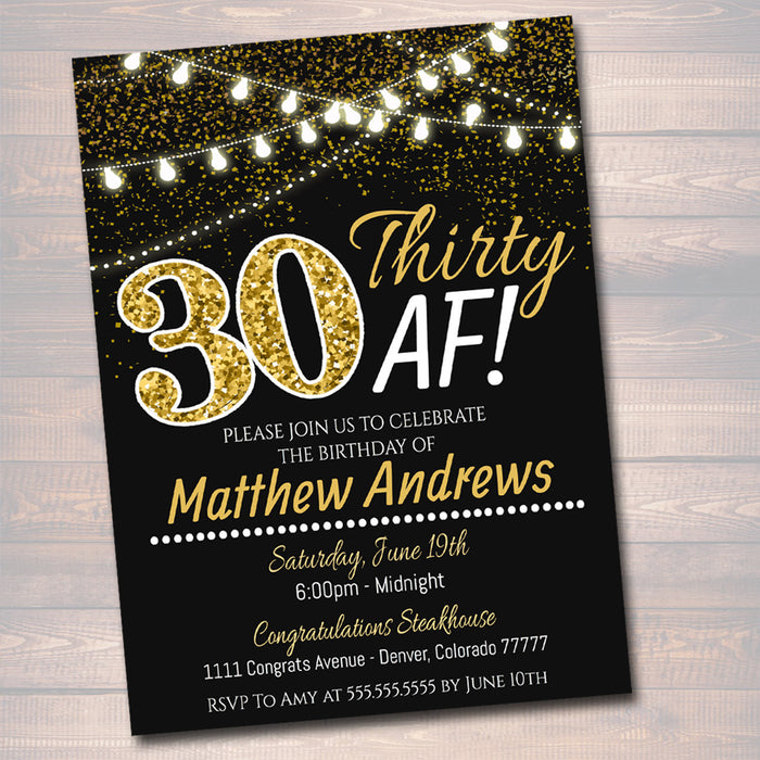 30th Birthday Invite, 30th Birthday, 30th Bday, Thirty Af, Faux Gold Glitter, Party Lights Dirty Thirty Invitation