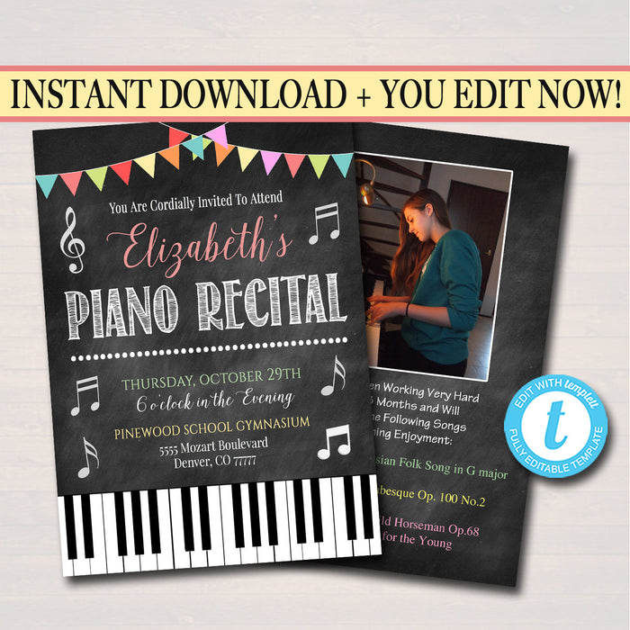 Piano Recital Invitation, Piano Music Performance  Invite, Concert Invitation, Music Party, Kid Girl Piano,