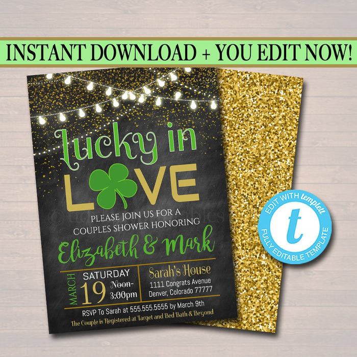 Lucky In Love Invitation, Bridal Shower, Bachelorette Party  Invite, St. Patrick's Day, Four Leaf Clover